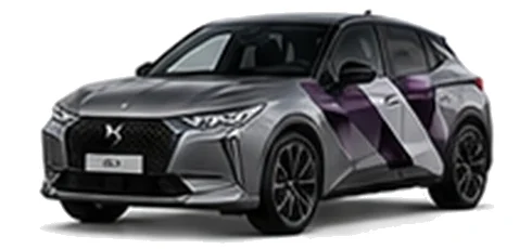 DS Automobiles DS 4 in Platinum Grey with geometric vinyl side graphics, front three-quarter view on a white background.