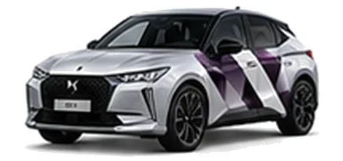 DS Automobiles DS 4 in Pearl Crystal with geometric vinyl side graphics, front three-quarter view on a white background.