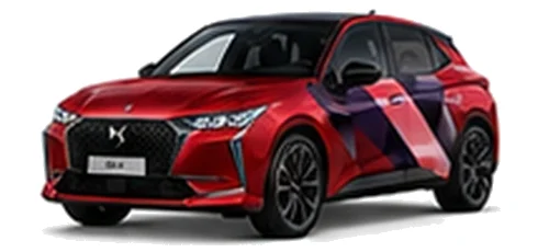 DS Automobiles DS 4 in Velvet Red with geometric vinyl side graphics, front three-quarter view on a white background.