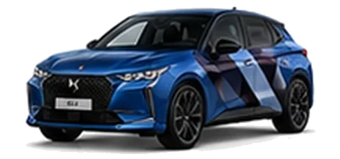 DS Automobiles DS 4 in Sapphire Blue with geometric vinyl side graphics, front three-quarter view on a white background.