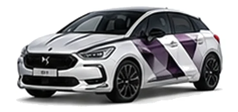 DS Automobiles DS 5 in Pearl White with geometric vinyl side graphics, front three-quarter view on a white background.