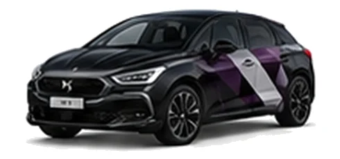 DS Automobiles DS 5 in Perla Nera Black with geometric vinyl side graphics, front three-quarter view on a white background.
