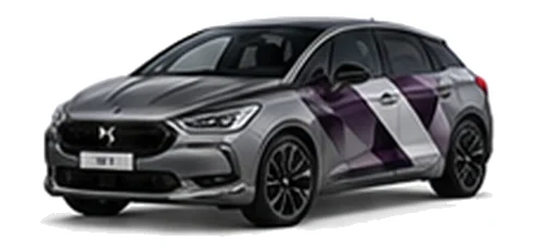 DS Automobiles DS 5 in Platinum Grey with geometric vinyl side graphics, front three-quarter view on a white background.