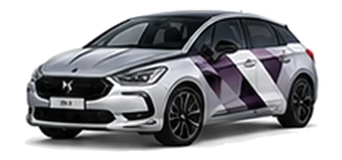 DS Automobiles DS 5 in Pearl Crystal with geometric vinyl side graphics, front three-quarter view on a white background.