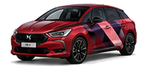 DS Automobiles DS 5 in Velvet Red with geometric vinyl side graphics, front three-quarter view on a white background.