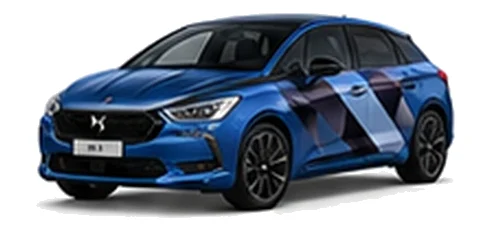 DS Automobiles DS 5 in Sapphire Blue with geometric vinyl side graphics, front three-quarter view on a white background.