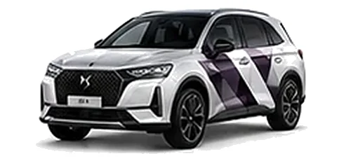 DS Automobiles DS 7 in Pearl White with geometric vinyl side graphics, front three-quarter view on a white background.