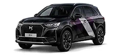 DS Automobiles DS 7 in Perla Nera Black with geometric vinyl side graphics, front three-quarter view on a white background.