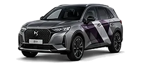 DS Automobiles DS 7 in Platinum Grey with geometric vinyl side graphics, front three-quarter view on a white background.
