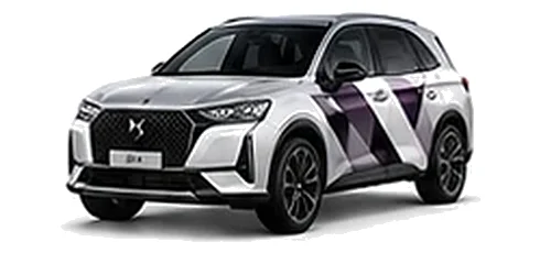 DS Automobiles DS 7 in Pearl Crystal with geometric vinyl side graphics, front three-quarter view on a white background.