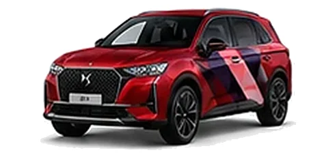 DS Automobiles DS 7 in Velvet Red with geometric vinyl side graphics, front three-quarter view on a white background.