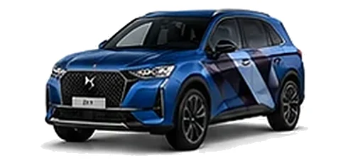 DS Automobiles DS 7 in Sapphire Blue with geometric vinyl side graphics, front three-quarter view on a white background.