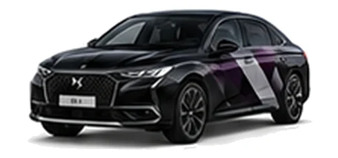 DS Automobiles DS 9 in Perla Nera Black with geometric vinyl side graphics, front three-quarter view on a white background.