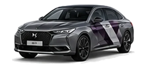 DS Automobiles DS 9 in Platinum Grey with geometric vinyl side graphics, front three-quarter view on a white background.