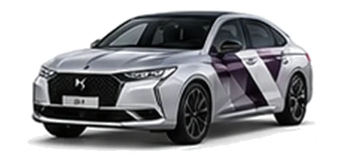DS Automobiles DS 9 in Pearl Crystal with geometric vinyl side graphics, front three-quarter view on a white background.