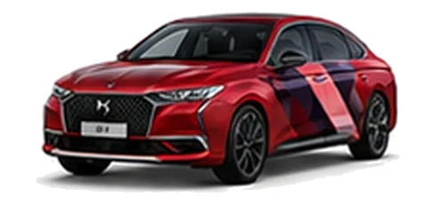 DS Automobiles DS 9 in Velvet Red with geometric vinyl side graphics, front three-quarter view on a white background.