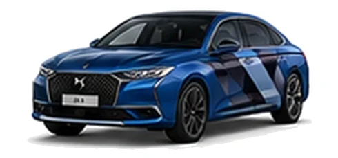 DS Automobiles DS 9 in Sapphire Blue with geometric vinyl side graphics, front three-quarter view on a white background.