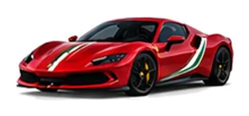 Ferrari 296 GTB in Rosso Corsa with green, white and red tricolour vinyl stripes, front three-quarter view on a white background.