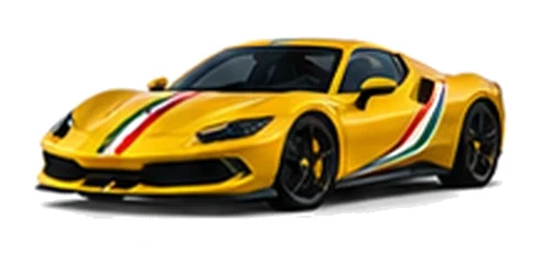 Ferrari 296 GTB in Giallo Modena with green, white and red tricolour vinyl stripes, front three-quarter view on a white background.
