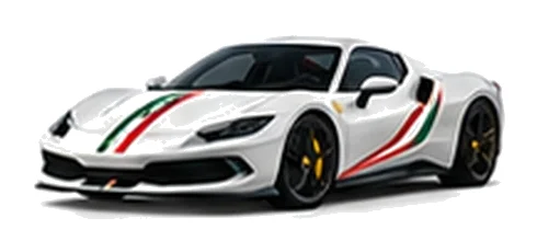 Ferrari 296 GTB in Bianco Avus with green, white and red tricolour vinyl stripes, front three-quarter view on a white background.