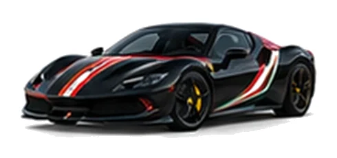 Ferrari 296 GTB in Nero Daytona with green, white and red tricolour vinyl stripes, front three-quarter view on a white background.