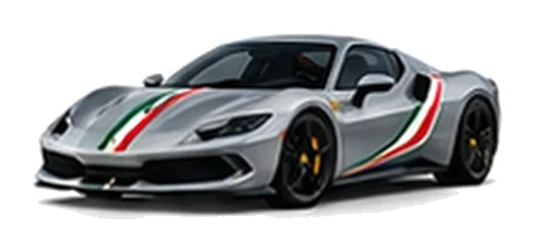 Ferrari 296 GTB in Argento Nürburgring with green, white and red tricolour vinyl stripes, front three-quarter view on a white background.
