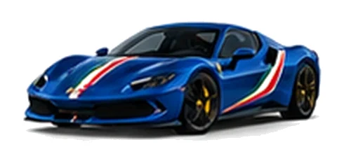 Ferrari 296 GTB in Blu Tour de France with green, white and red tricolour vinyl stripes, front three-quarter view on a white background.