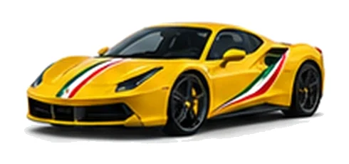Ferrari 488 GTB in Giallo Modena with green, white and red tricolour vinyl stripes, front three-quarter view on a white background.