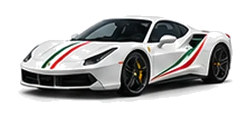 Ferrari 488 GTB in Bianco Avus with green, white and red tricolour vinyl stripes, front three-quarter view on a white background.