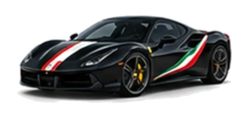 Ferrari 488 GTB in Nero Daytona with green, white and red tricolour vinyl stripes, front three-quarter view on a white background.