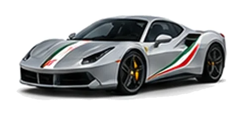 Ferrari 488 GTB in Argento Nürburgring with green, white and red tricolour vinyl stripes, front three-quarter view on a white background.