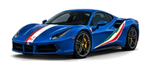 Ferrari 488 GTB in Blu Tour de France with green, white and red tricolour vinyl stripes, front three-quarter view on a white background.