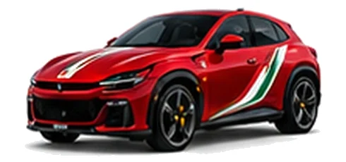 Ferrari Purosangue in Rosso Corsa with green, white and red tricolour vinyl stripes, front three-quarter view on a white background.