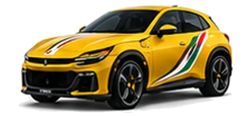 Ferrari Purosangue in Giallo Modena with green, white and red tricolour vinyl stripes, front three-quarter view on a white background.