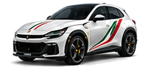 Ferrari Purosangue in Bianco Avus with green, white and red tricolour vinyl stripes, front three-quarter view on a white background.