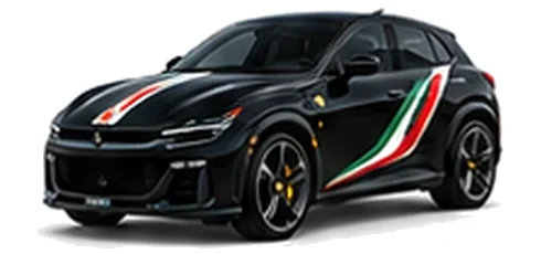 Ferrari Purosangue in Nero Daytona with green, white and red tricolour vinyl stripes, front three-quarter view on a white background.