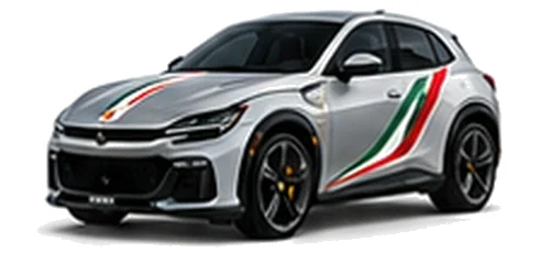 Ferrari Purosangue in Argento Nürburgring with green, white and red tricolour vinyl stripes, front three-quarter view on a white background.