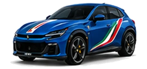 Ferrari Purosangue in Blu Tour de France with green, white and red tricolour vinyl stripes, front three-quarter view on a white background.