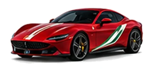 Ferrari Roma in Rosso Corsa with green, white and red tricolour vinyl stripes, front three-quarter view on a white background.