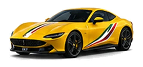 Ferrari Roma in Giallo Modena with green, white and red tricolour vinyl stripes, front three-quarter view on a white background.