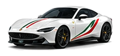 Ferrari Roma in Bianco Avus with green, white and red tricolour vinyl stripes, front three-quarter view on a white background.