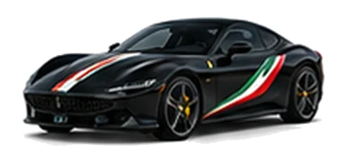 Ferrari Roma in Nero Daytona with green, white and red tricolour vinyl stripes, front three-quarter view on a white background.