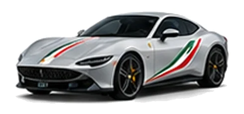 Ferrari Roma in Argento Nürburgring with green, white and red tricolour vinyl stripes, front three-quarter view on a white background.