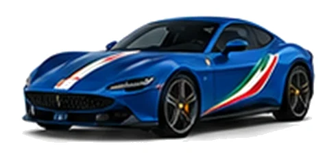 Ferrari Roma in Blu Tour de France with green, white and red tricolour vinyl stripes, front three-quarter view on a white background.