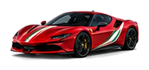 Ferrari SF90 Stradale in Rosso Corsa with green, white and red tricolour vinyl stripes, front three-quarter view on a white background.