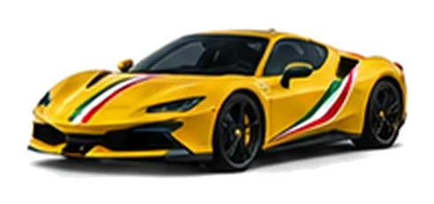 Ferrari SF90 Stradale in Giallo Modena with green, white and red tricolour vinyl stripes, front three-quarter view on a white background.