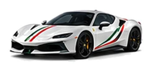 Ferrari SF90 Stradale in Bianco Avus with green, white and red tricolour vinyl stripes, front three-quarter view on a white background.