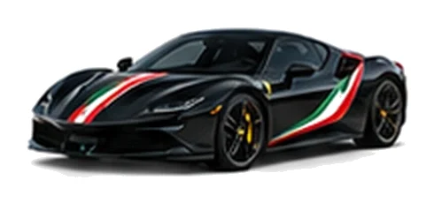 Ferrari SF90 Stradale in Nero Daytona with green, white and red tricolour vinyl stripes, front three-quarter view on a white background.
