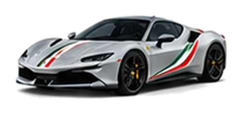 Ferrari SF90 Stradale in Argento Nürburgring with green, white and red tricolour vinyl stripes, front three-quarter view on a white background.
