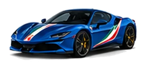 Ferrari SF90 Stradale in Blu Tour de France with green, white and red tricolour vinyl stripes, front three-quarter view on a white background.